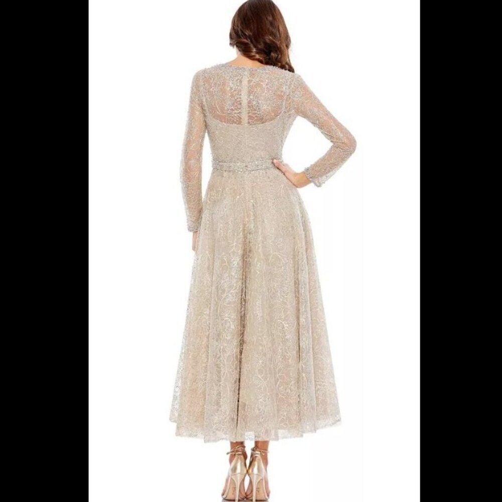 NWT Mac Duggal Embellished Wrap Over Long Sleeve Midi Dress Taupe Size 6 - Picture 4 of 14